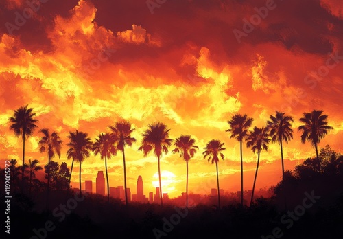 A sunset over a palm tree forest with a city in the background
