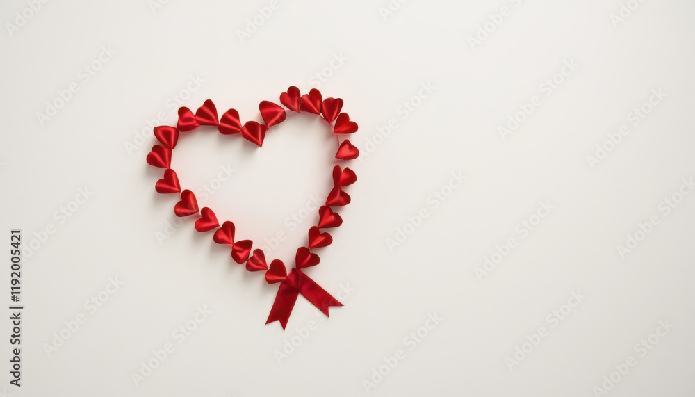 Red ribbon forming heart shape with scattered red hearts on white Red ribbon forming heart shape with scattered red hearts on white