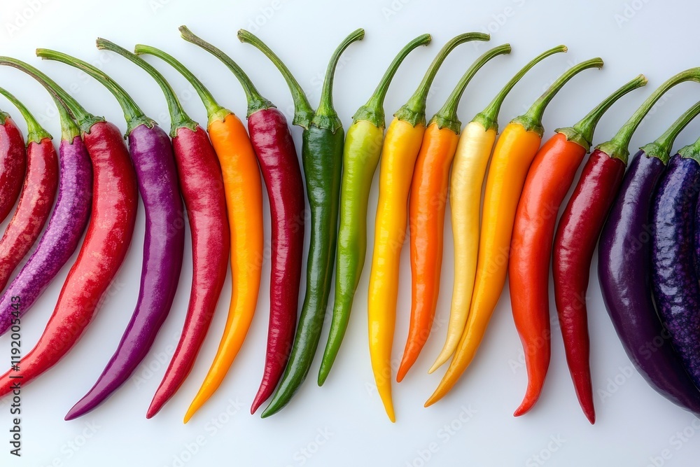 Colorful Array of Fresh Chili Peppers on White Background Colorful Array of Fresh Chili Peppers on White Background