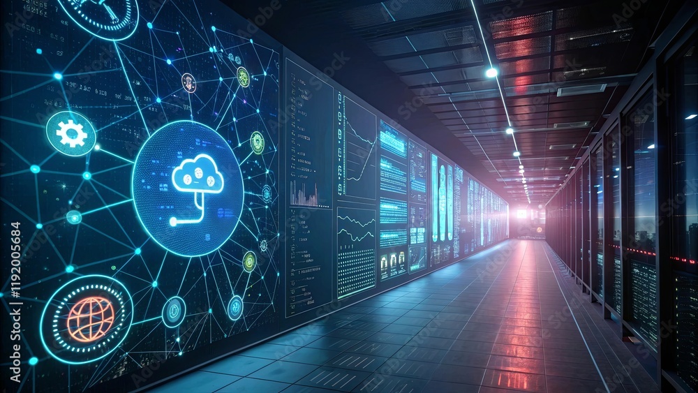 Fototapeta premium A computer network with a cloud icon in the middle