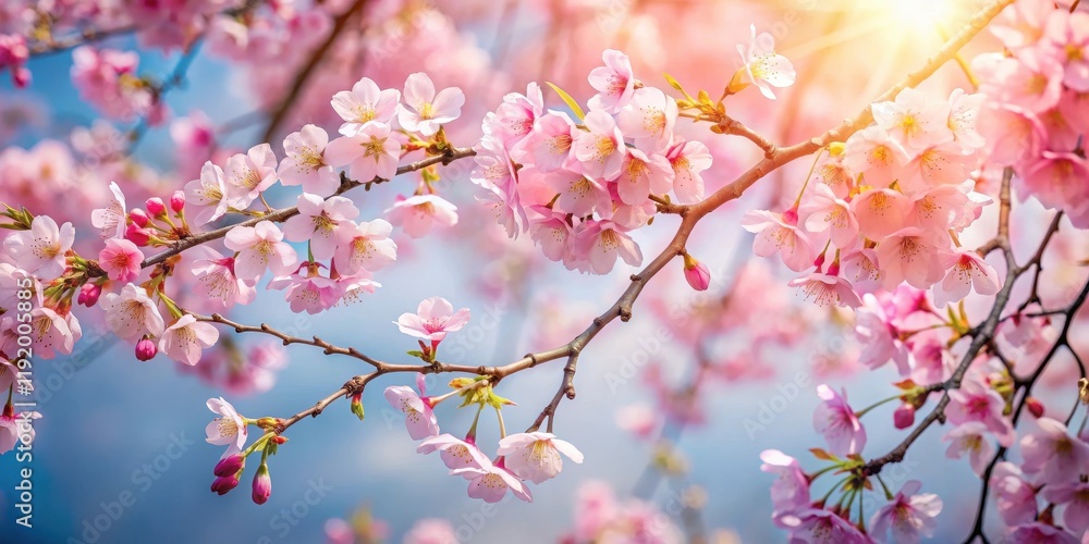 Beautiful pink cherry blossom tree branches stretching towards the sky with delicate white flowers hanging from them softly in the morning light, pink cherry blossom, morning light Beautiful pink cherry blossom tree branches stretching towards the sky with delicate white flowers hanging from them softly in the morning light, pink cherry blossom, morning light