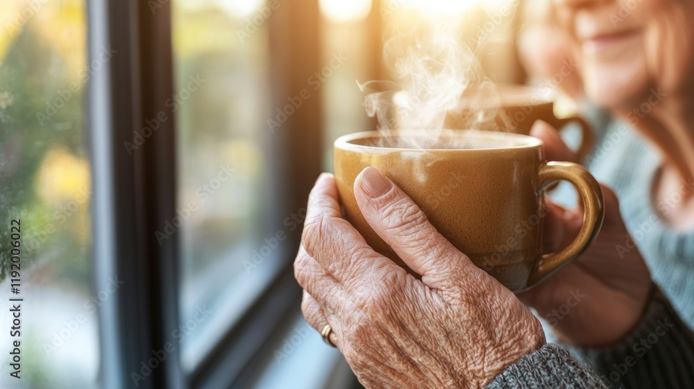 Elderly Woman Enjoying Warm Beverage by Window with Morning Light Elderly Woman Enjoying Warm Beverage by Window with Morning Light