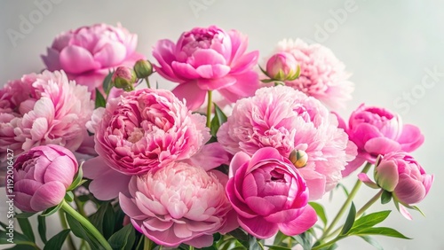 Vibrant pink peonies in full bloom against a soft white background