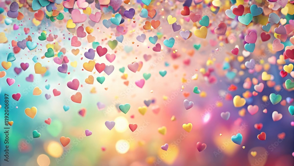 Colorful heart confetti falling gently in a whimsical background with soft pastel hues and subtle texture, romantic Colorful heart confetti falling gently in a whimsical background with soft pastel hues and subtle texture, romantic