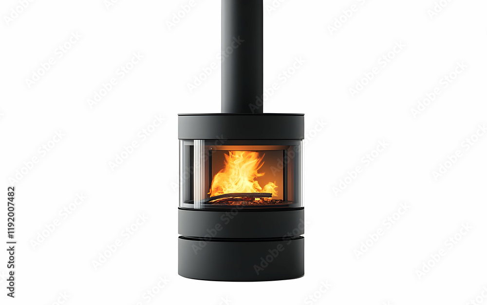 Modern black cylindrical stove, burning wood, white background, home heating Modern black cylindrical stove, burning wood, white background, home heating