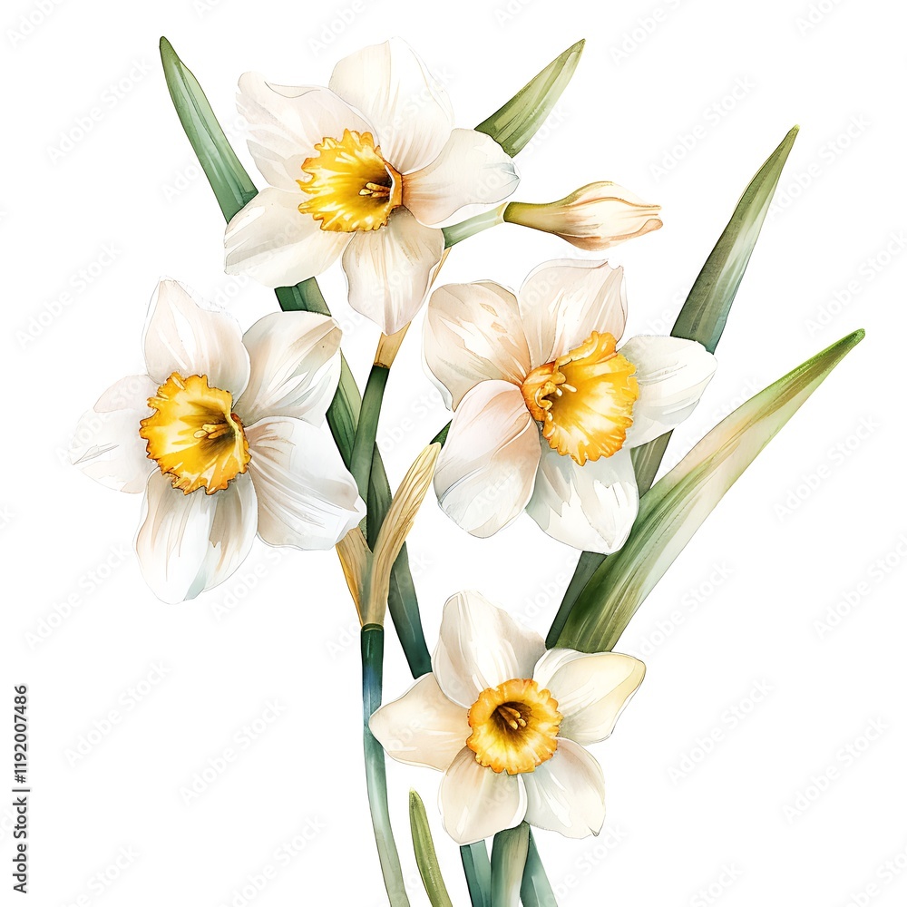 Fototapeta premium Watercolor Yellow Jonquil Isolated on White Background. Beautiful Jonquil Flower