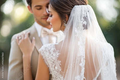 A bride and groom are embracing in front of a backdrop of white balloons