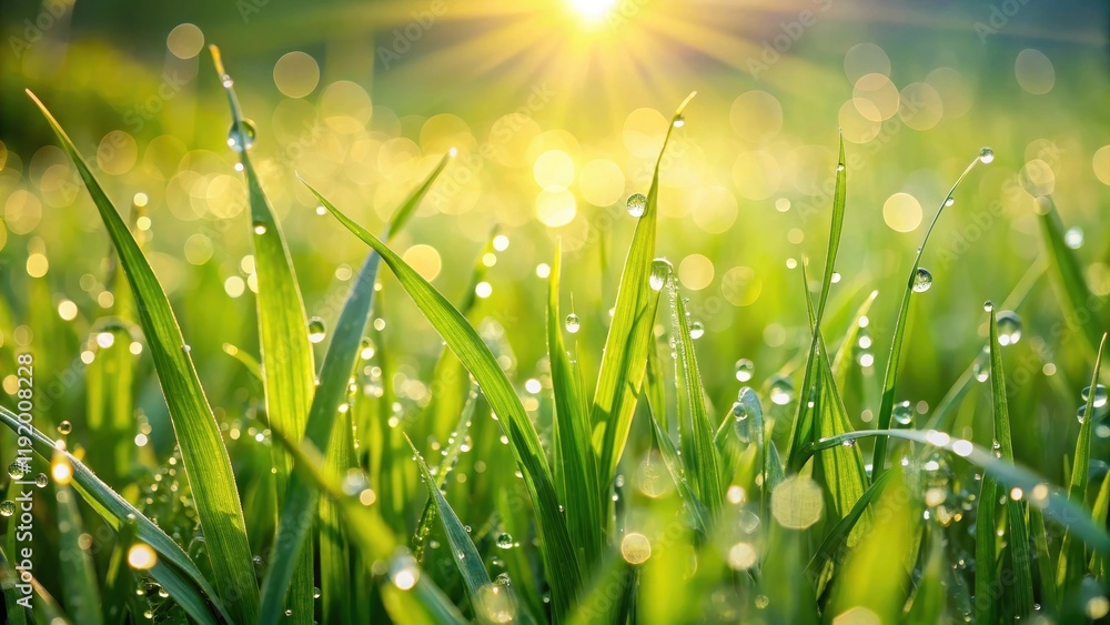 Fototapeta premium Lush green grass sways gently in the breeze on a warm sunny morning, with dew drops glistening on its blades