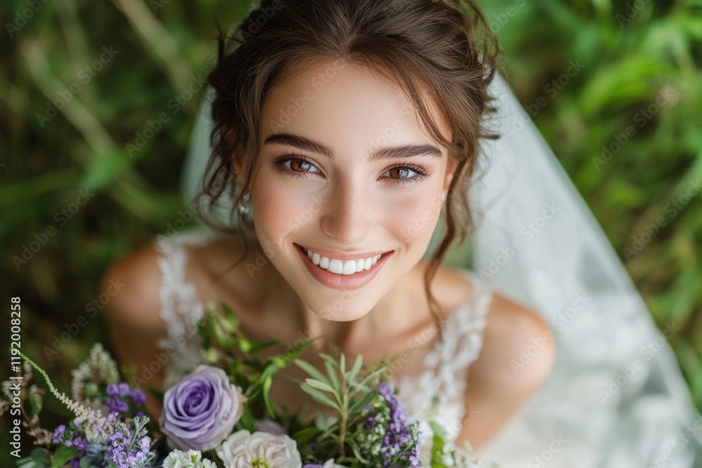 A bride is smiling and holding a bouquet of flowers A bride is smiling and holding a bouquet of flowers