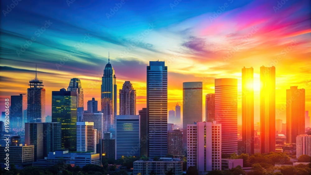 Fototapeta premium Colorful Title Text Overlaid on a Minimalist Cityscape at Sunset, minimalist design, colorful title overlay cityscape sunset minimalism urban landscape photography