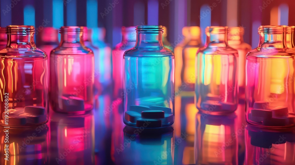 Colorful glass bottles containing tablets, illuminated with vibrant lights.