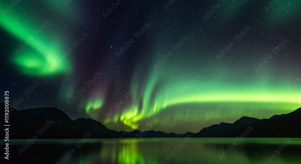 A tranquil mountain lake reflecting a sky filled with auroras and shooting stars A tranquil mountain lake reflecting a sky filled with auroras and shooting stars