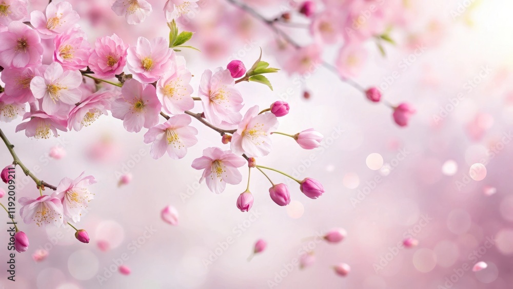Delicate pink sakura petals gently falling from a blooming cherry blossom branch against a soft white background , nature, gentle fall Delicate pink sakura petals gently falling from a blooming cherry blossom branch against a soft white background , nature, gentle fall