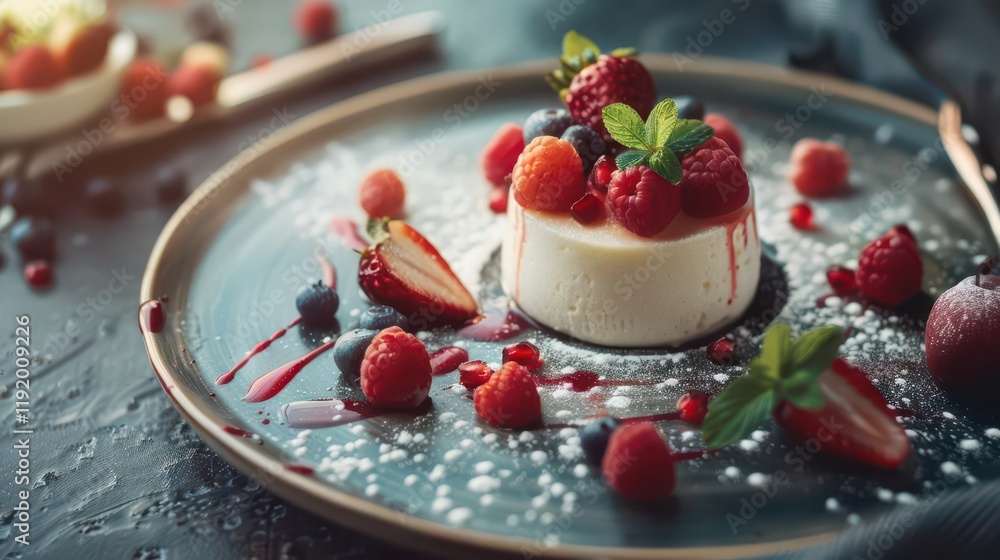 An elegant dessert featuring panna cotta topped with fresh berries and mint on a decorative plate. An elegant dessert featuring panna cotta topped with fresh berries and mint on a decorative plate.