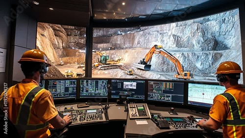 Mining operation control room with two engineers monitoring screens showing quarry activity.
