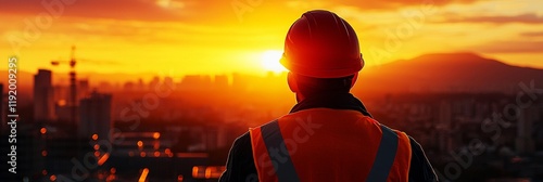 Construction worker gazing at a vibrant sunset over the city skyline.