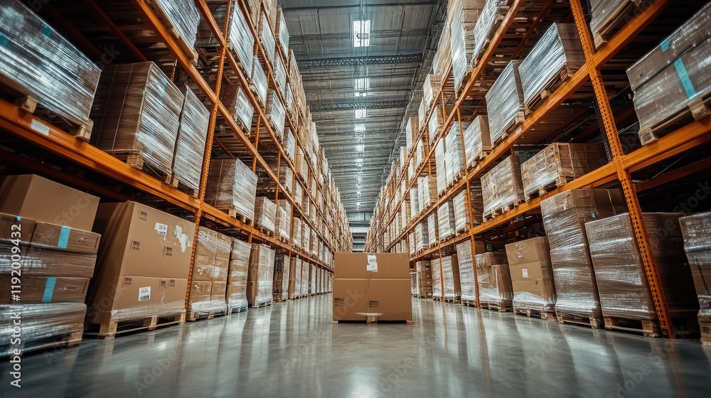 Fototapeta premium Warehouse Logistics and Supply Chain Management: A View Down the Aisle of a Modern Distribution Center