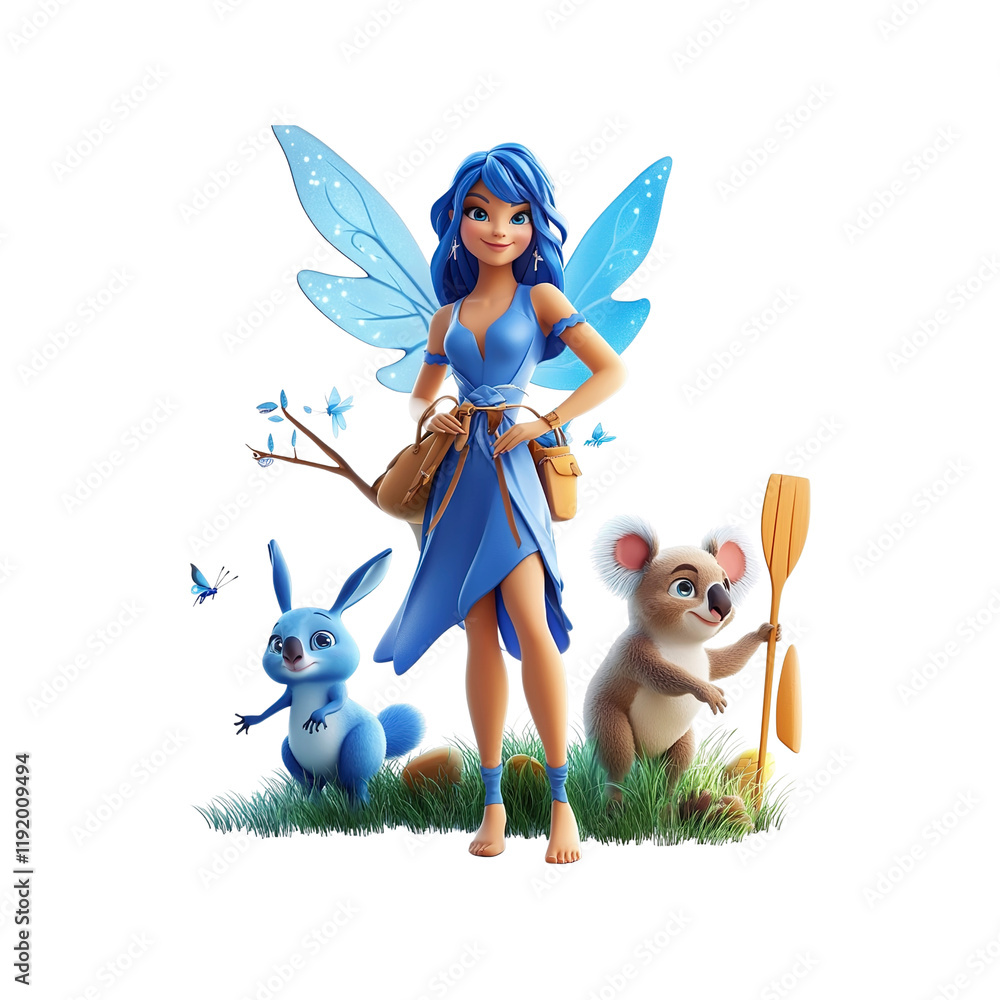 Blue Fairy, Koala, and Bunny in Magical Forest Setting Blue Fairy, Koala, and Bunny in Magical Forest Setting