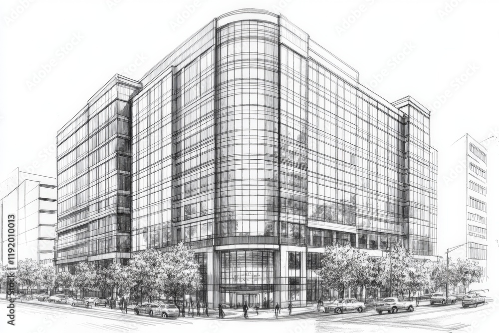 Modern Sketch of a Glass Office Building Design Modern Sketch of a Glass Office Building Design