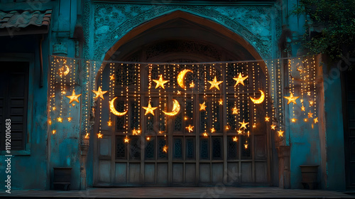 Illustration of Glowing Star and Moon Lights on a Building photo