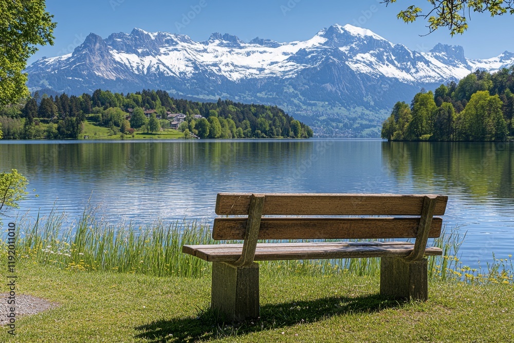 A wooden bench sits on a grassy hill overlooking a lake A wooden bench sits on a grassy hill overlooking a lake
