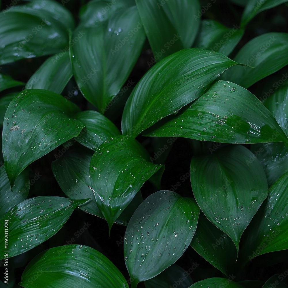Fototapeta premium Lush Green Leaves Dew Drops Nature Background Plants Summer Garden Greenery Foliage