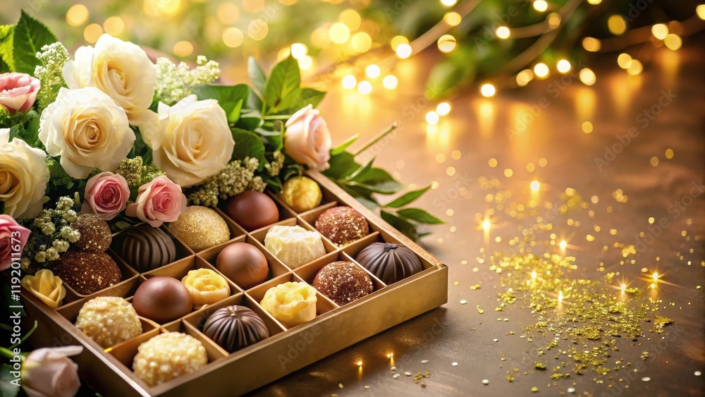 Luxurious chocolates arranged in a box with fresh flowers on a golden background, surrounded by elegant greenery and subtle lighting effects, chocolate, gourmet Luxurious chocolates arranged in a box with fresh flowers on a golden background, surrounded by elegant greenery and subtle lighting effects, chocolate, gourmet