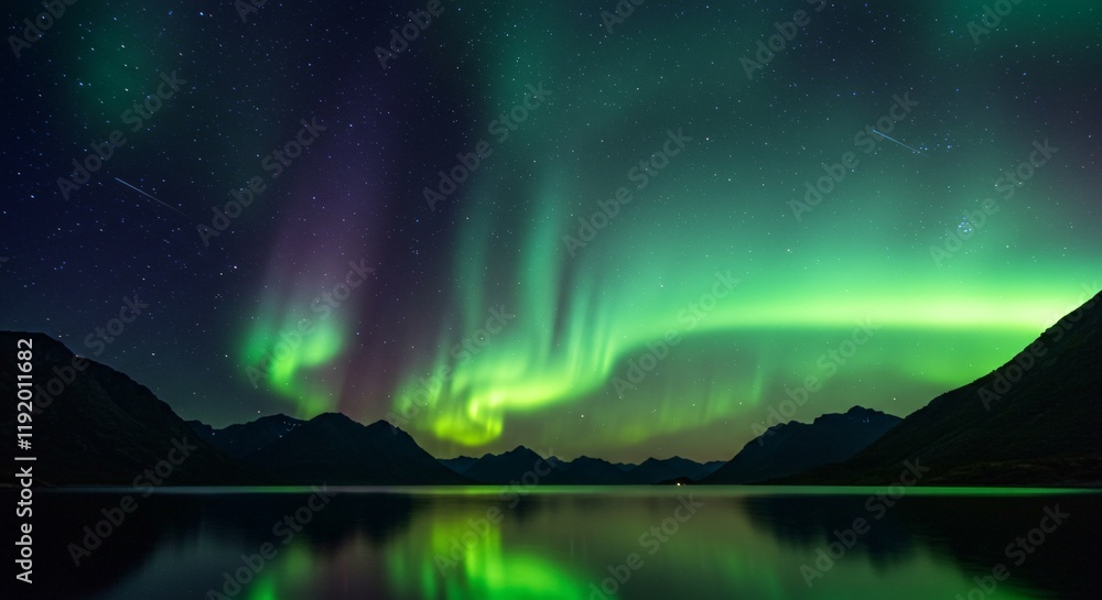 A tranquil mountain lake reflecting a sky filled with auroras and shooting stars A tranquil mountain lake reflecting a sky filled with auroras and shooting stars