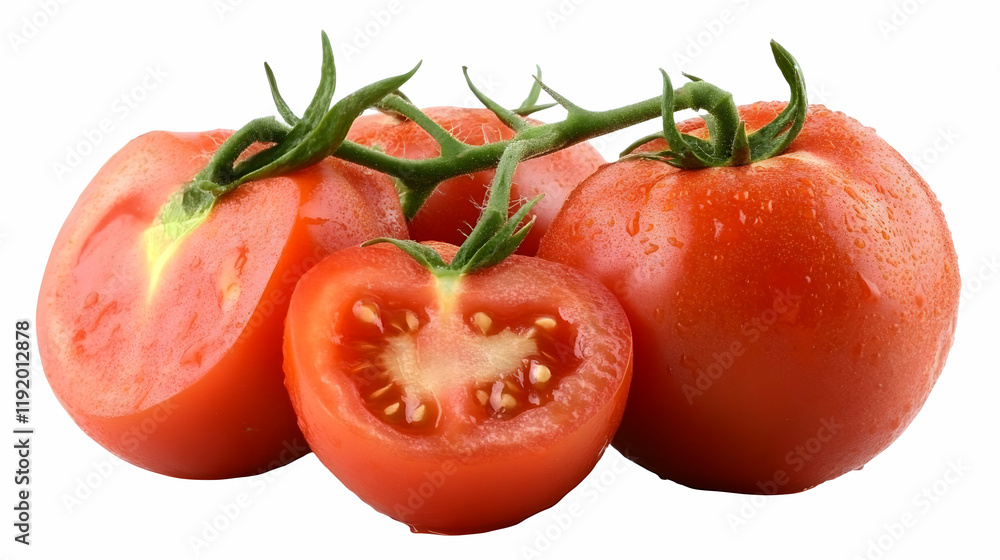 Vine-ripe tomatoes, halved, studio shot, food photography Vine-ripe tomatoes, halved, studio shot, food photography