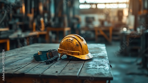 Close-up of construction safety gear in a bright industrial workshop photo