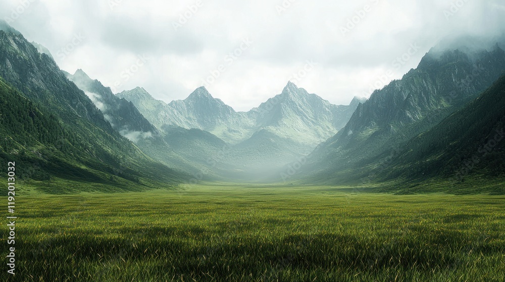 Fototapeta premium Serene Mountain Valley Landscape: A Breathtaking Vista of Verdant Meadows and Majestic Peaks