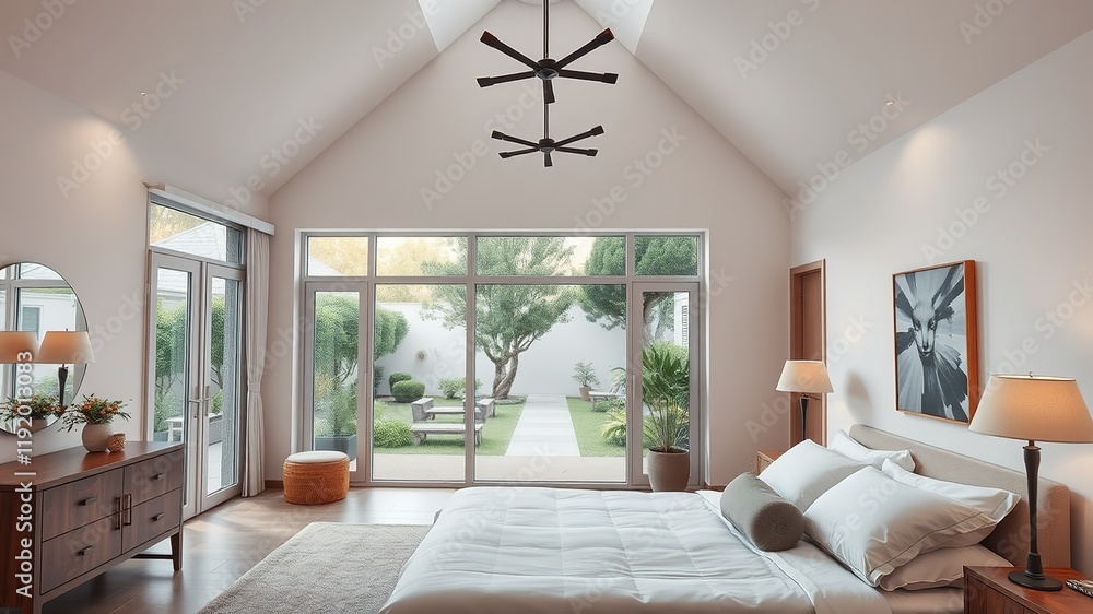 Fototapeta premium Luxurious Two-Story Bedroom with Garden View
