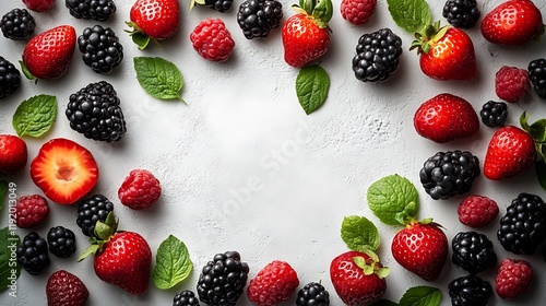 Fresh berries frame, summer food, white background, healthy eating, recipe photo