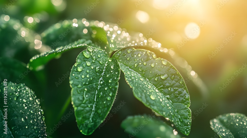 Vibrant green clover with dew drops bathed in golden sunlight, symbolizing luck and renewal in nature's embrace Vibrant green clover with dew drops bathed in golden sunlight, symbolizing luck and renewal in nature's embrace