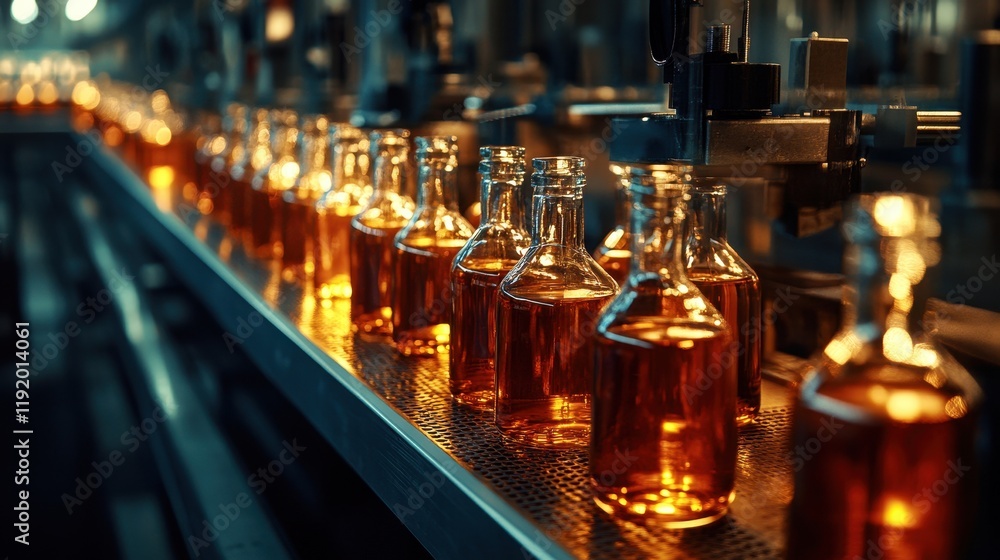 Amber liquor bottles move on conveyor belt. Shows automated bottling process in distillery. Amber liquor bottles move on conveyor belt. Shows automated bottling process in distillery.