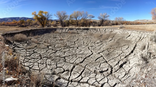 Dry cracked earth in barren landscape with sparse vegetation and trees. scene reflects drought conditions and environmental changes, showcasing stark, desolate beauty
