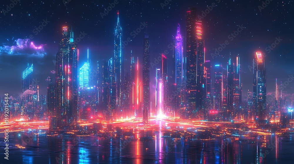 Fototapeta premium Futuristic cityscape at night urban environment digital art vivid colors