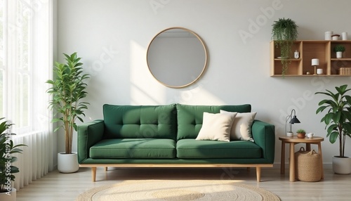 Green Sofa in a Minimal Living Room A Tufted Centerpiece Surrounded by Plants, Soft Fabrics, and Natural Ligh
