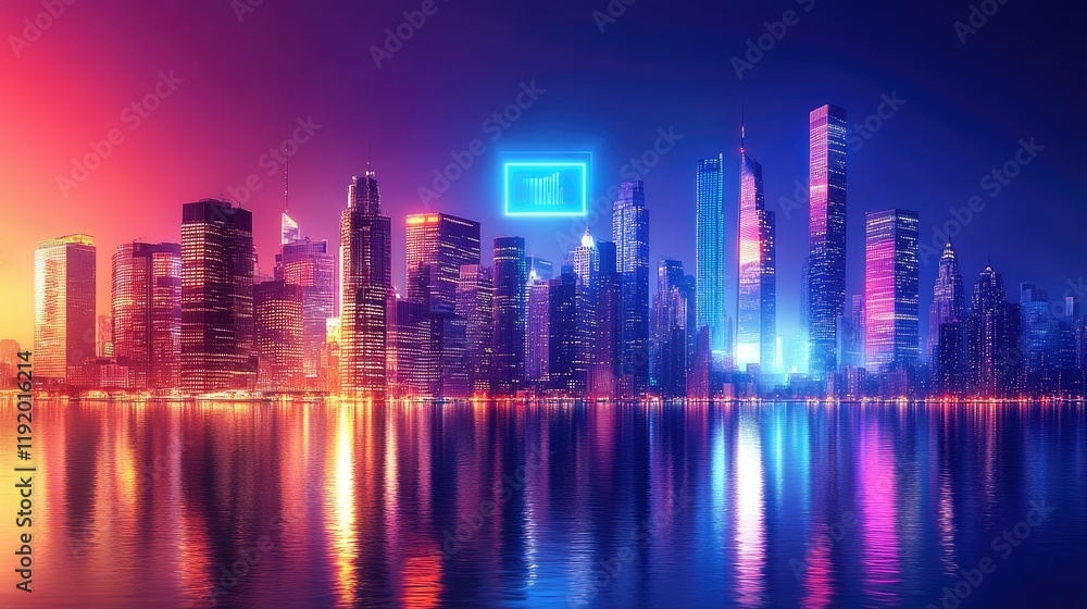 Fototapeta premium Neon Cityscape at Dusk: A Vibrant Metropolis Reflecting on Calm Waters