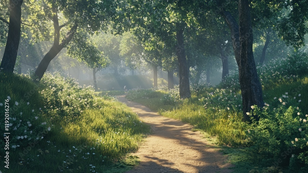 Fototapeta premium Sunlit path winding through a lush, misty forest with wildflowers and tall trees.