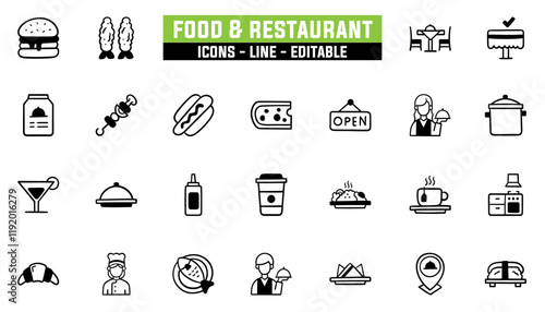 Set of 25 line icons food and restaurant. Editable stroke. Vector illustration