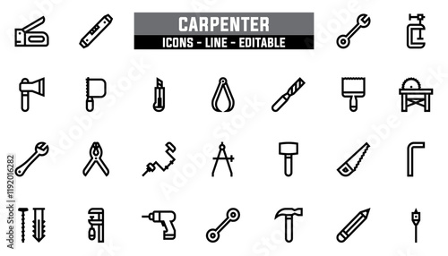 Set of 25 line icons carpenter. Editable stroke. Vector illustration