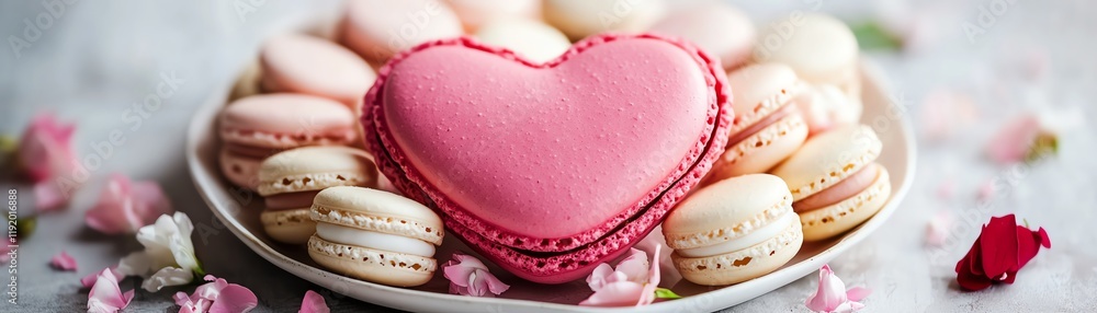 Colorful plate of macarons with a heart-shaped macaron and flower petals. Colorful plate of macarons with a heart-shaped macaron and flower petals.