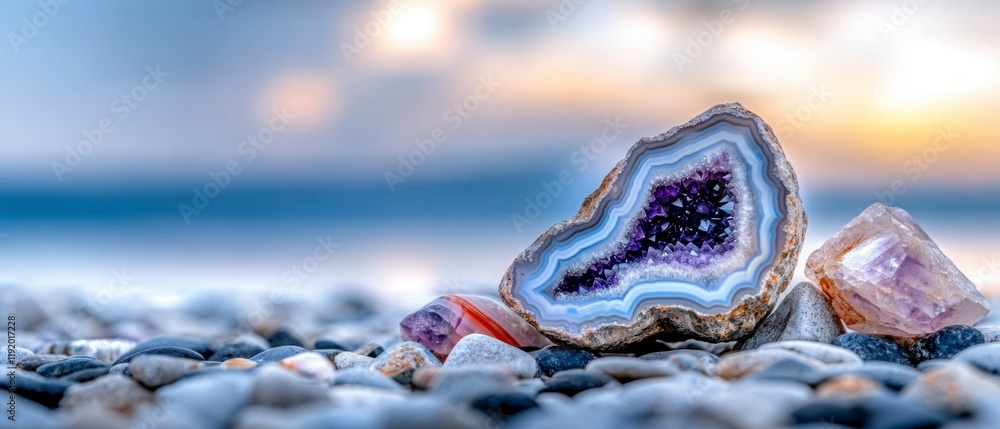 Naklejka premium Amethyst Geode Crystal Agate Rose Quartz on Beach at Sunset