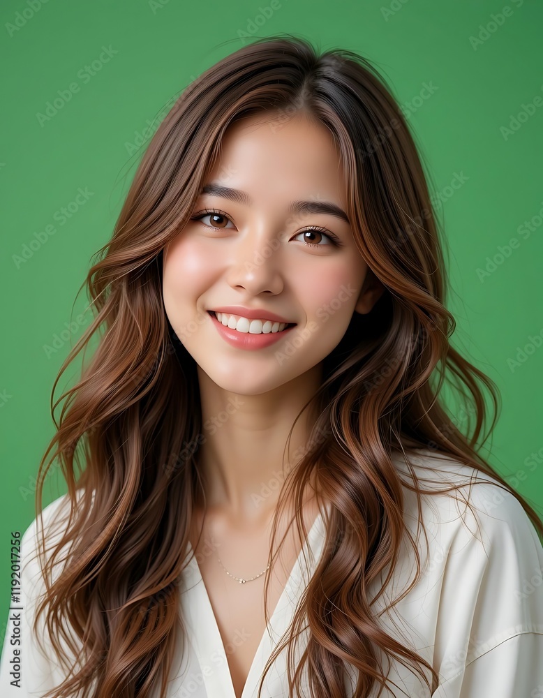 Portrait of a smiling young woman with long brown hair against a green background Portrait of a smiling young woman with long brown hair against a green background