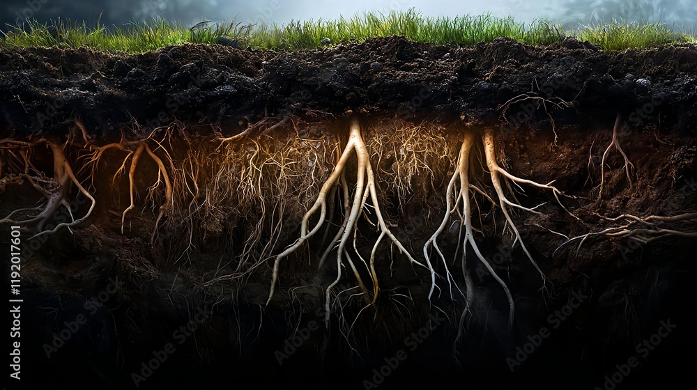 Fototapeta premium underground roots, soil, nature cross section - dark backgrounds
