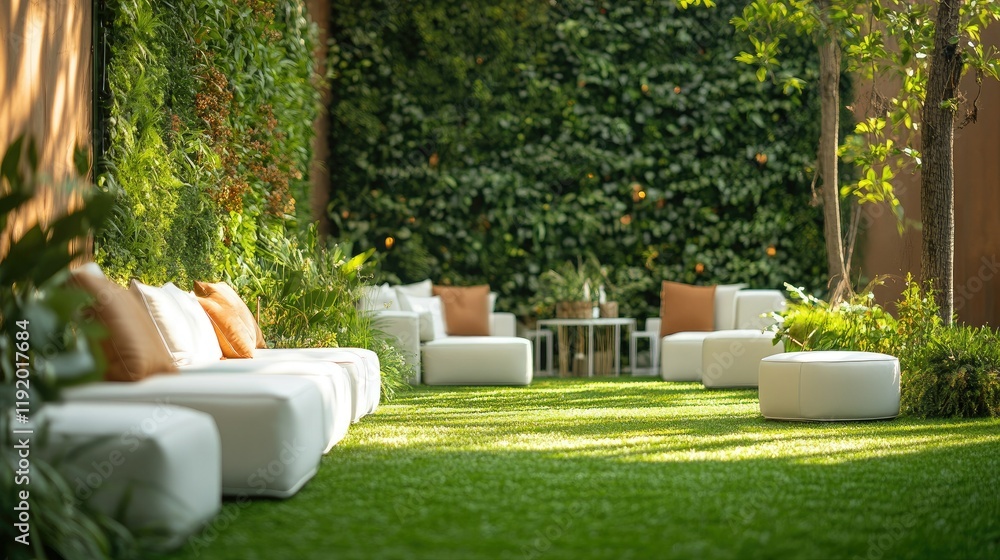 Fototapeta premium Serene Outdoor Lounge: Modern White Seating Amidst Lush Greenery