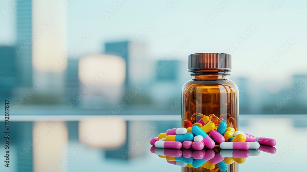 A close-up of a pill bottle surrounded by colorful capsules on a reflective surface, with a cityscape in the blurred background. A close-up of a pill bottle surrounded by colorful capsules on a reflective surface, with a cityscape in the blurred background.