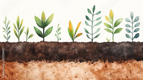 watercolor plants growing in soil - watercolor illustrations photo