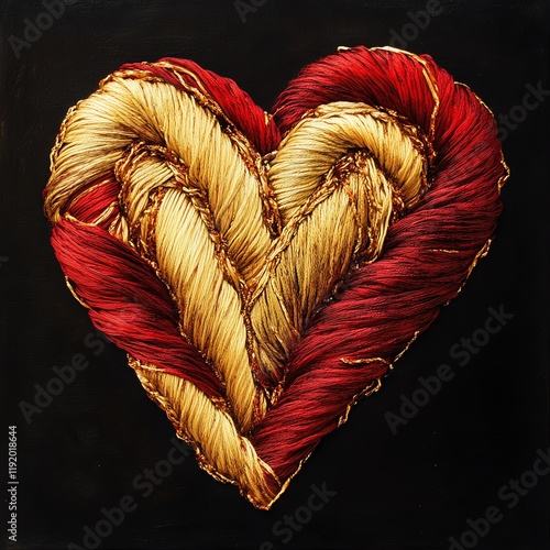 Artistic braided heart in red and gold on a dark background